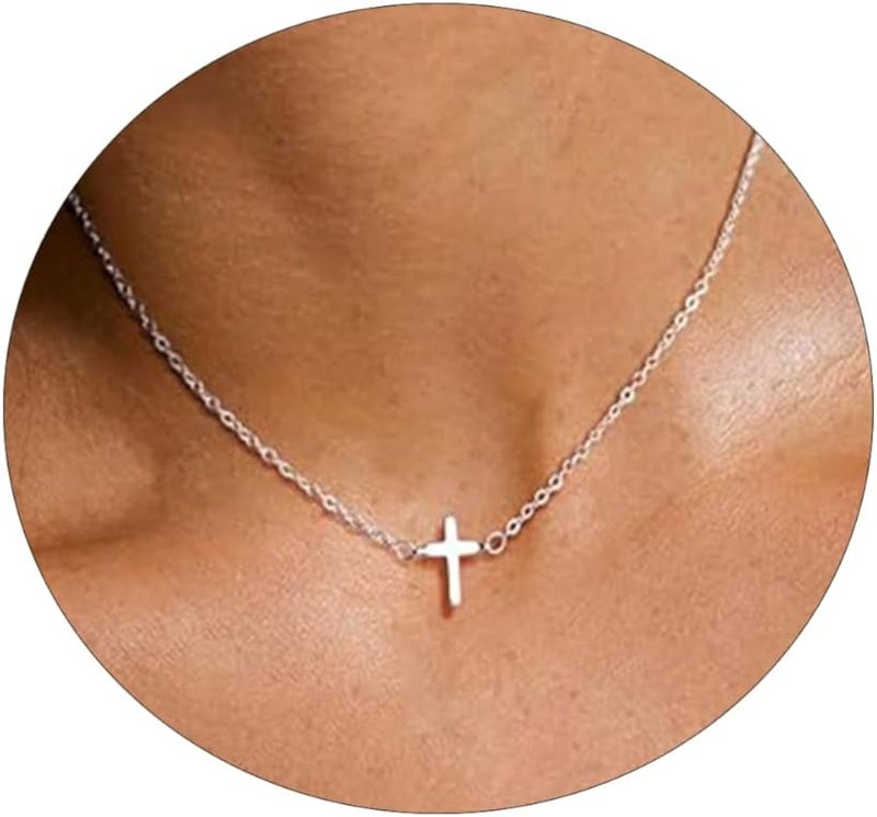 VIROMY Gold Cross Necklace for Women 14K Gold Plated Cute Sidways Cross Pendant Choker Necklaces Simple Trendy Everyday Jewelry for Women - Image 1